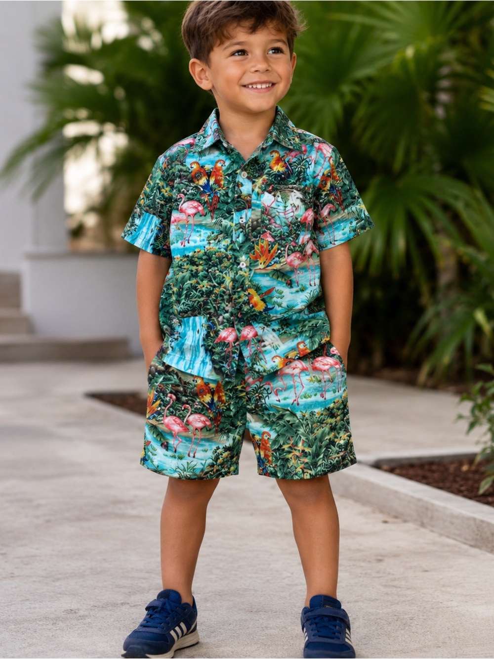 RJC Hawaii Boys Matching Set Flamingo Shirt Shorts Sz 5